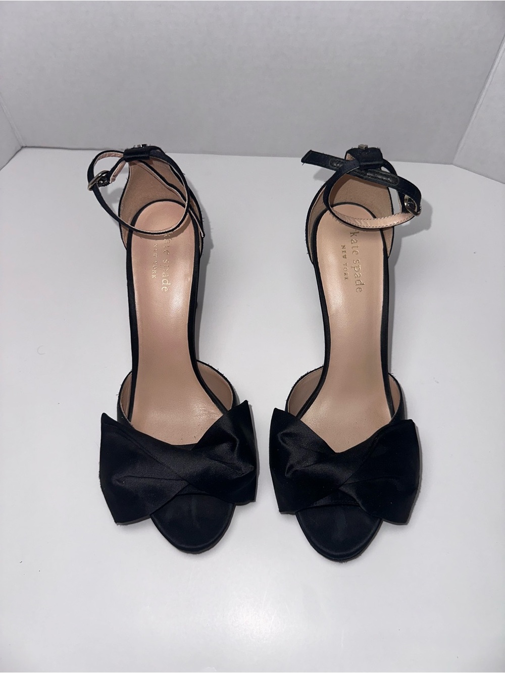kate spade Black Satin Bow Ankle-Strap Heels